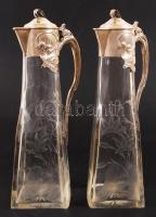 Szecessziós ezüst (Ag.) karaffa pár, jelzett (német 800-as), mesterjeggyel (Otto Wolter), üvegen virág mintákkal, gravírozott, maratott, csiszolt, üveg restaurált,  m:29 cm (2×) / Silver art nouveau caraffa pair, the glass restored