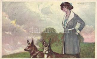 Woman with dogs, Italian art postcard Anna & Gasparini s: T Corbella (EK)