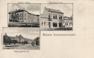 Dicsőszentmárton, Iskola, takarékpénztár, vármegyeház tér; Hirsch Mór kiadása / school, bank, county hall