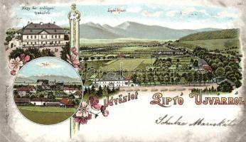 Liptóújvár, Magyar Királyi Erdészeti Szakiskola, vár / school, castle, floral litho