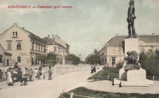 Keszthely, Festetics gróf szobor, gyógyszertár, Pler Lipót üzlete (EK)