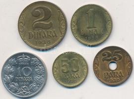 Jugoszlávia 1938. 25P Br + 50P Al-Br + 1D Al-Br + 2D Al-Br + 10D Ni T:2 Yugoslavia 1938. 25 Para Br + 50 Para Al-Br + 1 Dinar Al-Br + 2 Dinara Al-Br + 10 Dinara Ni C:XF