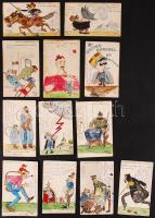 1915-1917 Lemey jelzéssel 12 db antant- és kisantant ellenes I. világháborús gúnyrajz. Rajzolt levelezőlap tábori sütödéből küldve /  1915-1917 12 hand-drawn sarcastic anti-antant propaganda graphics on PS cards sent from a field bakery cancelled