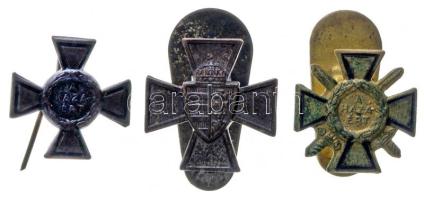 1940. "Tűzkereszt I. fokozata" + "Tűzkereszt II. fokozata" + "Nemzetvédelmi Kereszt" kitüntetések miniatűrjei és gomblyukjelvényei T:2,2- Hungary 1940. "Hungarian Fire Cross 1nd class" + "Hungarian Fire Cross 2nd class" + "National Defense Cross" miniatures and button-badges C:XF,VF