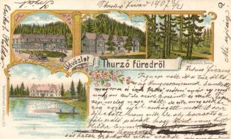 Thurzófüred, Vendéglő, Bányászat, Marasztaló forrás, Thurzóház / restaurant, mining, source, house, Art Nouveau litho (EK)
