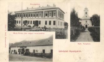 Nyustya, Községház, Katolikus templom, Wolf Mihály vegyeskereskedése / county hall, church, shop (EK)