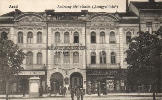 Arad, Andrássy tér, Lengyel Lőrinc bútorgyár, Polgári Takarékpénztár, Guttman és Berger üzlete, fényképész, Kerpel Izsó kiadása / square, furniture shop, bank, photographer (EK)