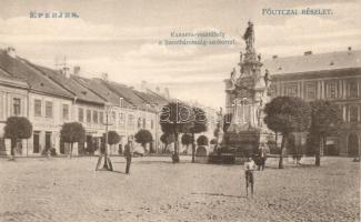 Eperjes, Fő utca, Karaffa-vesztőhely, Szentháromság szobor / main street, Karaffa memorial, trinity