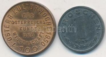 Ausztria 1947. 1Gr Zn + 1950. "Osztrák Kultúrhét / Arany Garas" fém emlékérem (20mm) T:2 Austria 1947. 1 Groschen Zn + 1950. "Österreichische Kulturwoche / Goldener Groschen" metal medallion (20mm) C:XF