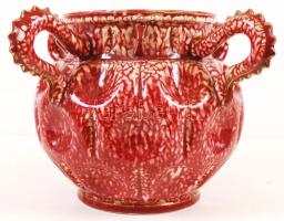 Zsolnay sárkány füles kaspó, eozin mázas, kézzel festett, kopott aranyozás, jelzett, hibátlan, m:22 cm, d:34 cm