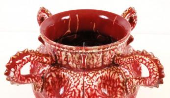 Zsolnay sárkány füles kaspó, eozin mázas, kézzel festett, kopott aranyozás, jelzett, hibátlan, m:22 ...