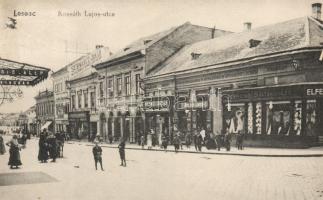 Losonc, Kossuth Lajos utca, Schwarz Jakab mezőgazdasági és varrógép gyári raktár, Laufer Manó, Sipka Albert, Bicskei Zoltán és Molnár János üzlete, Férfi és női divatáruház, Városi szálló / street, warehouse, shops, hotel
