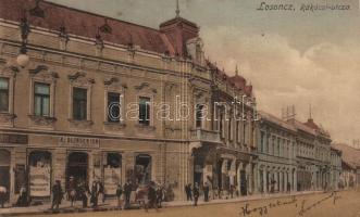 Losonc, Rákóczi utca, Redlinger Ignác könyvesboltja és kiadása, Kerekes Árpád és Tarjányi János üzlete / street, shops (EK)