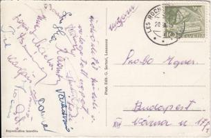 1955 A magyar Aranycsapat tagjai által aláírt és hazaküldött képeslap Svájcból a Magyarország-Svájc labdarúgó mérkőzés után (5:4) a képeslapon többek között Puskás, Bozsik, Buzánszky, Kárpáti, Sebes Gusztáv saját kezű aláírásával