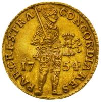 Hollandia / Utrecht 1754. Dukát Au "Álló lovag / Tábla" (3.5g/0.986) T:1- Netherlands / Utrecht 1754. Ducat Au "Knight standing / Tablet with legend" (3.5g/0.986) C:AU Friedberg: 285., Krause KM# 7.2