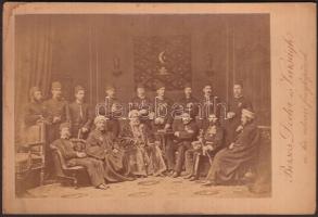 cca 1880 Török küldöttség Magyarországon. Keményhátú fotó Borsos és Varságh műterméből / cca 1880 Turkish diplomats in HUngary photo 11x16 cm
