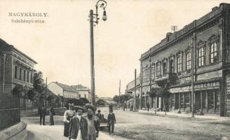 Nagykároly, Széchenyi utca, Weiszman Jakab drogéria, óra és ékszer üzlet, Eigner Simon kiadása / street, drugstore, watch and jewelry store