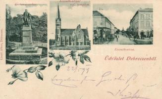 1899 Debrecen, Csokonai szobor, Kossuth utca, Református templom, floral, László Albert könyvkereskedés