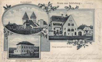Lesses, Schönberg; Kirchenkastell, Evangelische Schule, Krug zum grünen Kranze Konsum Verein / fortress, church, shop, Art Nouveau (EK)