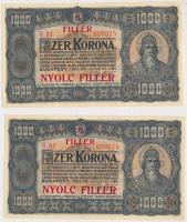1923. 1000K "T.W." nyomdahely jelöléssel és "8 FILLÉR - NYOLC FILLÉR" felülnyomással (2x) egymásutáni sorszámmal T:I Hungary 1923. 1000 Korona "T.W" (2x) with "8 FILLÉR - NYOLC FILLÉR" overprint and with sequential serial numbers C:UNC Adamo K37B