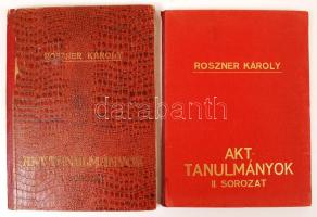 Roszner Károly: Akt-tanulmányok I- II. sorozat. Számozott példány. (Számozott oldal csak a 2. kötetben van meg) 402/450 I. Az akt és a korerkölcs. Boross Mihály bevezetője. II. Hogyan nézzünk és hogyan ne nézzünk képet. Írta Elek Artúr. Bp. 1941-1943. Hungária. 8 l. 11 t.; 22 l. 12 t. 1 sztl. lev. Aranyozott kiadói félvászon-kötésben. I. kötet borítója kissé hibás, 1 oldal hiány