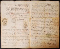 1854-1862 Schuldschein 6 oldalas okmány többszöri illetéklerovással, 1854 20Fl CM + 15kr CM, 1858 20...