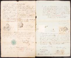 1854-1862 Schuldschein 6 oldalas okmány többszöri illetéklerovással, 1854 20Fl CM + 15kr CM, 1858 20...