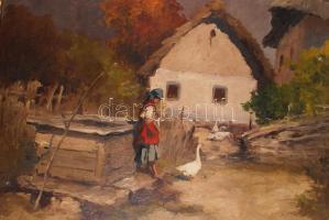 Neogrády Antal (1861-1942): Libapásztorlány a kútnál. Olaj, vászon, jelzett, keretben, 70×100 cm