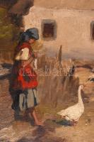 Neogrády Antal (1861-1942): Libapásztorlány a kútnál. Olaj, vászon, jelzett, keretben, 70×100 cm