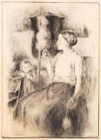 Prihoda István-Glatz Oszkár: Fonó asszony. Rézkarc, papír, jelzett, keretben, foltos, 35×25 cm