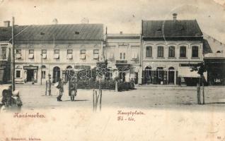 Karánsebes, Főtér, gyógyszertár, Georg Metzger kereskedése; kiadja H. Rosenfeld / main square, pharmacy, shops (EK)