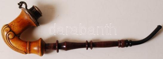 Donáth ezüst (Ag.) fedeles faragott tajtékpipa, jelzett, pipaszárral, m:8 cm