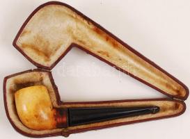 Antik tajtékpipa, szárral, eredeti tokjában, h:12 cm
