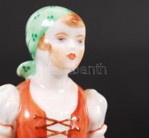 Herendi virágkosaras lány, kézzel festett, jelzett, hibátlan, m:13 cm