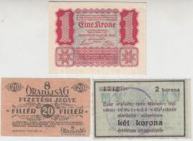 1919. "8 Órai Újság" 20f + Osztrák-Magyar Bank 1922. 1K "Olla" reklám pecséttel a hátoldalon + Miskolc ~1916. 2K "MISKOLCZ" perforációval T:I T:I,III