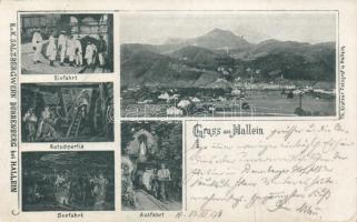 1898 Hallein, K.u.K. Salzbergwerk Dürrenberg (Dürrnberg), Einfahrt, Ausfahrt, Seefahrt / salt mine interioe with workers