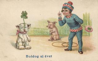 New Year, dog, pig, clover, litho (EK)