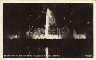 1939 New York City, World's Fair, Lagoon of Nations, Fountain and fireworks, night (small tear)