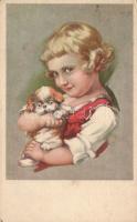 Girl with dog, artist signed (EK)