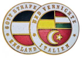 Osztrák-Magyar Monarchia 1915-1918. "Isten Büntesd Angliát és pusztítsd el Olaszországot" zománcozott propagand jelvény hátoldalon "GES.GESCH. I.K." gyártói jelzéssel (18x27mm) T:1- Austro-Hungarian Monarchy 1915-1918. "Gott strafe England und vernichte Italien" enamelled propaganda badge (18x27mm) C:AU