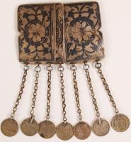 Antik orosz niello díszítésű övcsat, részben ezüst(Ag.), jelzés nélkül, 7 db 10 kopejkással, 6×8 cm