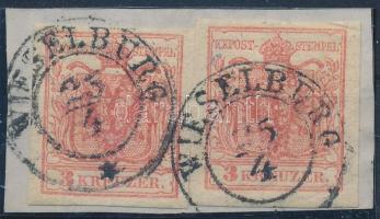 2 x 3kr HP III. jó / szép szélekkel "WIESELBURG", 2 x 3kr HP III. with nice margins "WIESELBURG"