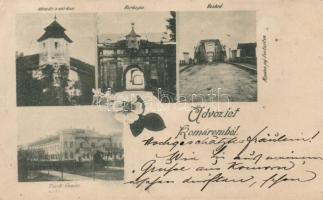 1898 Komárom, Tiszti Kaszinó, Vashíd, Kő szűz, Várkapu / casino, bridge, statue, gate (lyuk / pinhol)