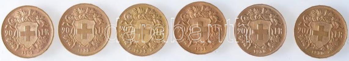 Svájc 1900B, 1901B, 1902B (2x), 1935L-B, 1980B 20Fr Au "Helvetia" (6.45g/0.900) T:1-,2 Switzerland 1900B, 1901B, 1902B (2x), 1935L-B, 1980B 20Fr Francs Au "Helvetia" (6.45g/0.900) C:AU,XF