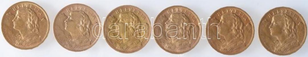 Svájc 1900B, 1901B, 1902B (2x), 1935L-B, 1980B 20Fr Au "Helvetia" (6.45g/0.900) T:1-,2
Swi...