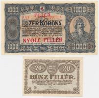 1920. 20f + 1923. 100K (3x) + 1923. 500K (2x) + 1923. 1000K T.W. nyomdahely jelöléssel és "8 FILLÉR - NYOLC FILLÉR" felülnyomással T:I-III