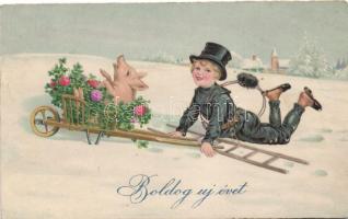 New Year, chimney sweeper, pig, litho (fa)