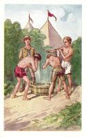Reggeli mosakodás / Morning wash; Hungarian scouts J.R.E. 8005