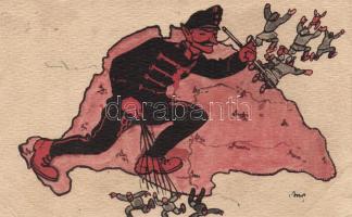 Humoros világháborús grafikai lap, kiadja a Magyar Földrajzi Intézet Rt. / Hungarian military, WWI propaganda, Krampus, humour s: Bíró