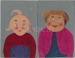 Max & Moritz 2 db W. Busch mesefigurás régi, textil képeslap /  2 cartoon postcards with textile decoration